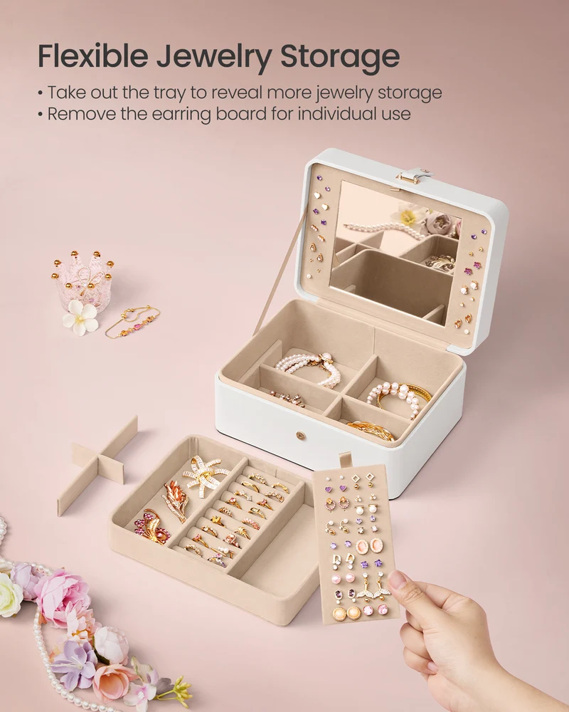 Cloud White Jewelry Box with Mirror - 2 - Layer Organizer, Travel Case. Removable Tray, 6.9 x 8.7 x 4.3 Inches, Ideal for Earring & Necklace Storage