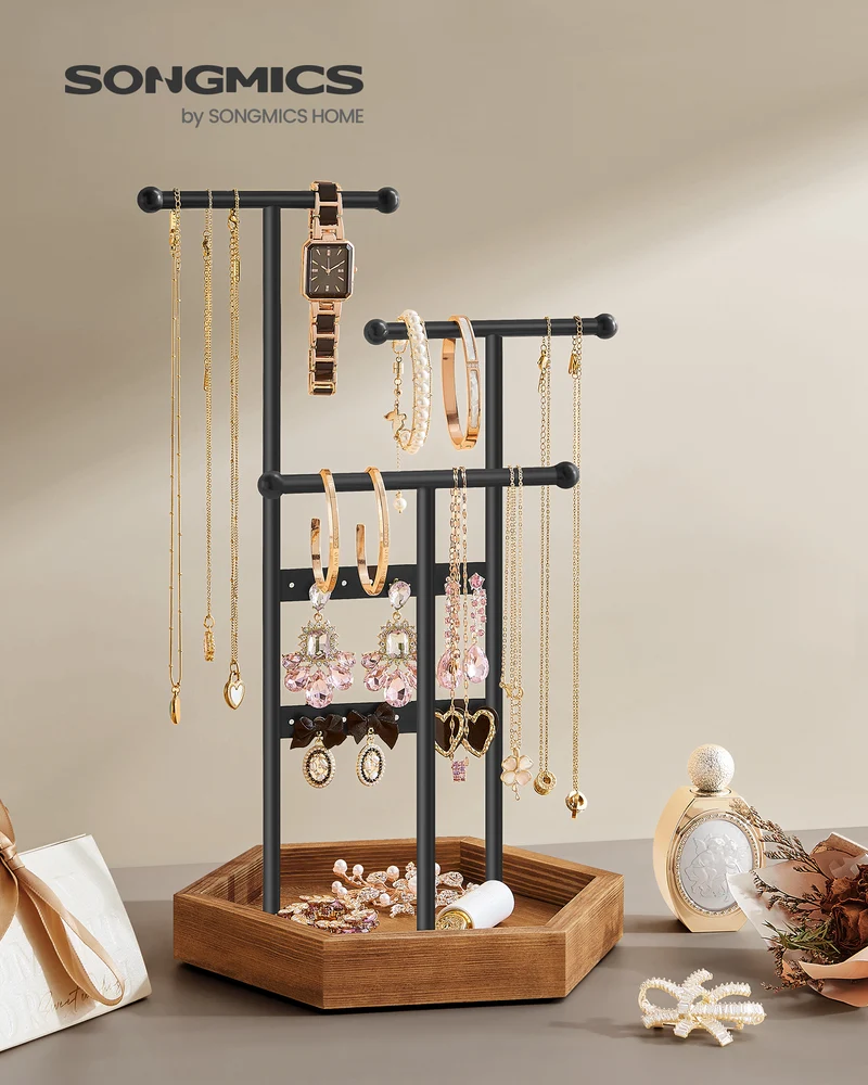 Jewelry Holder Accessory Organizer 4 Independent Zones, Black and Caramel Brown