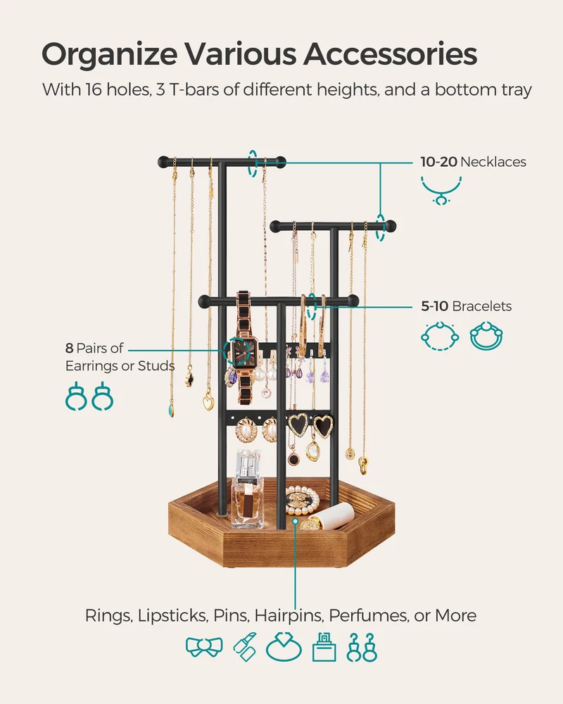 Jewelry Holder Accessory Organizer 4 Independent Zones, Black and Caramel Brown