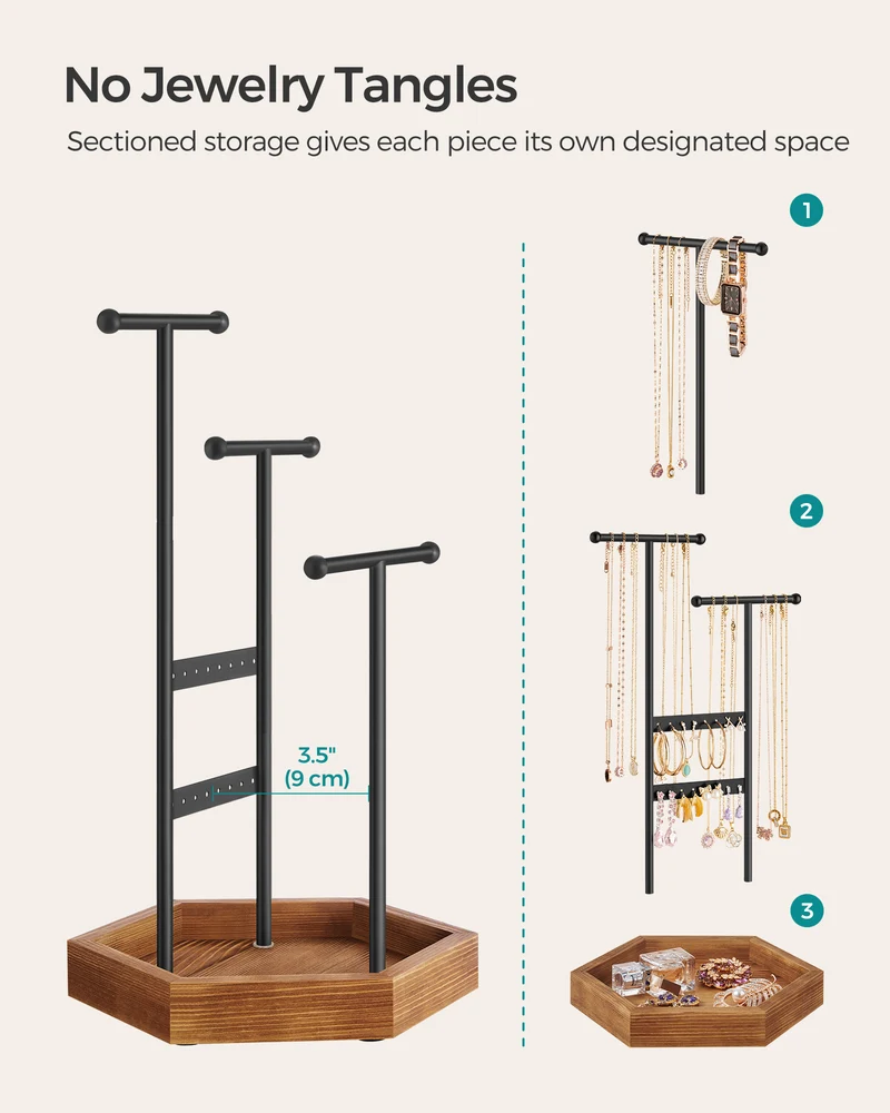 Jewelry Holder Accessory Organizer 4 Independent Zones, Black and Caramel Brown