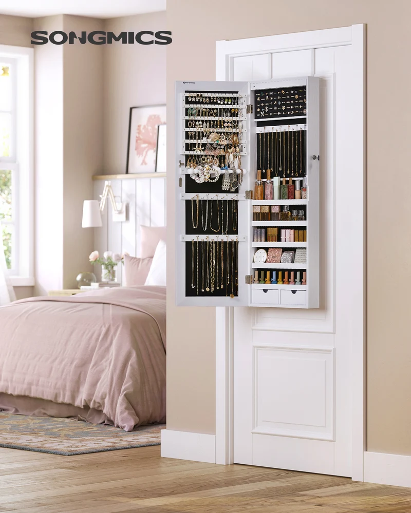 LEDREM Hanging Mirror Jewelry Cabinet Wall/Door Mounted Jewelry Armoires with LED Interior Lights Jewelry Organizer Box Holder White