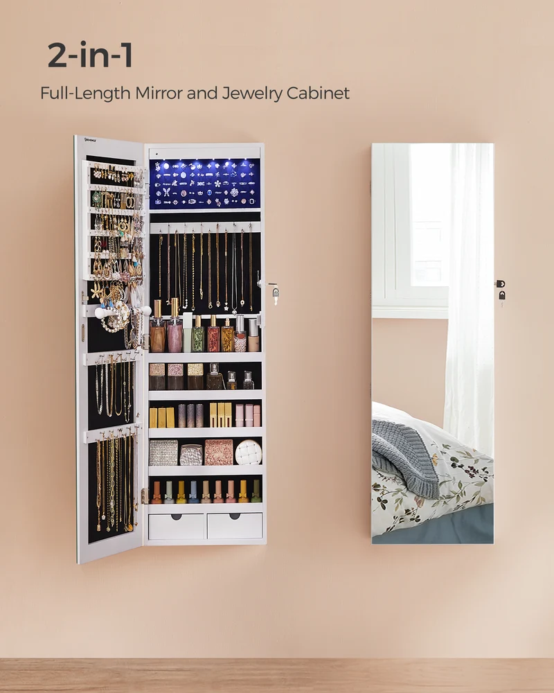 LEDREM Hanging Mirror Jewelry Cabinet Wall/Door Mounted Jewelry Armoires with LED Interior Lights Jewelry Organizer Box Holder White