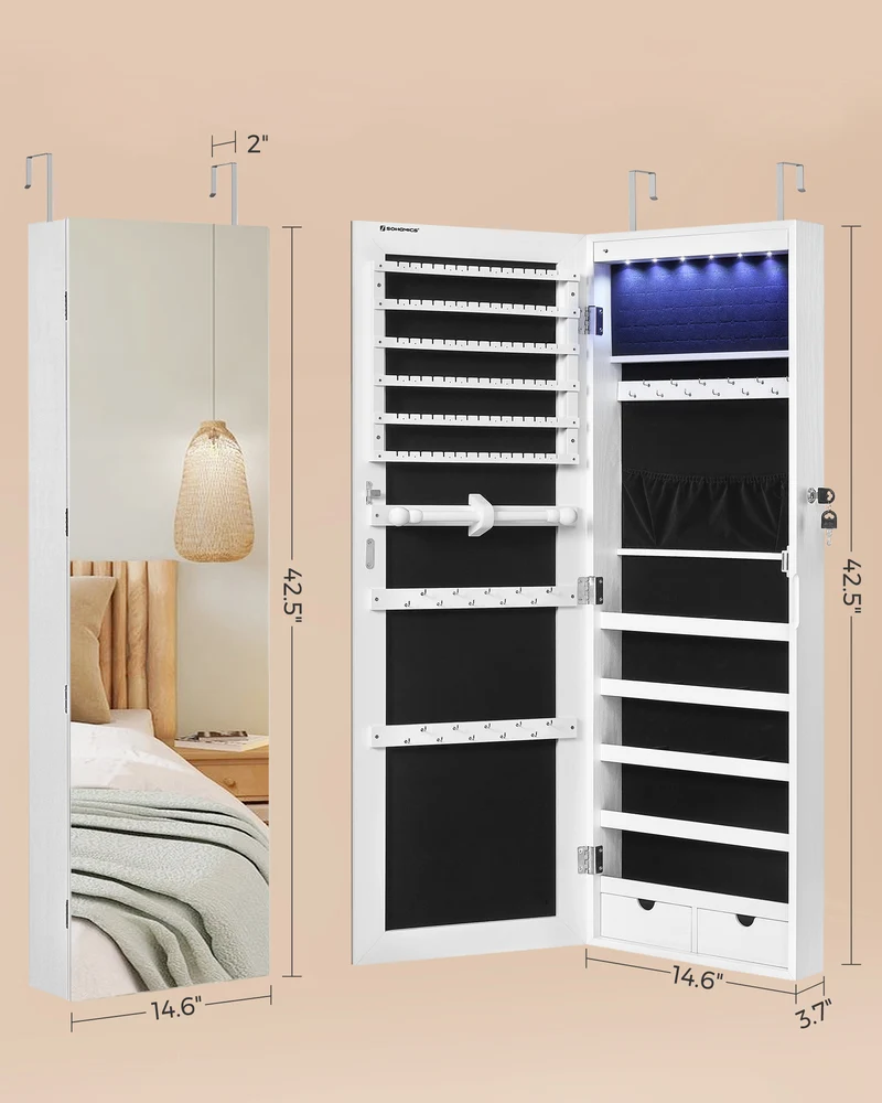 LEDREM Hanging Mirror Jewelry Cabinet Wall/Door Mounted Jewelry Armoires with LED Interior Lights Jewelry Organizer Box Holder White