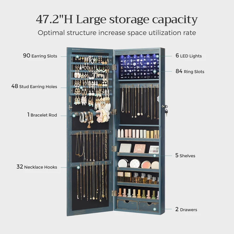 SONGMICS 6 LEDs Mirror Jewelry Cabinet, 47.2-Inch Tall Wall/Door Mounted Jewelry Armoire Organizer Rustic Blue