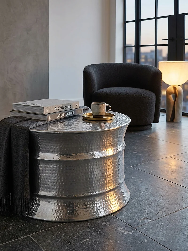 Couchtisch orientalisch rund Aluminium Hammerschlag-Look handgefertigt stabil langlebig
