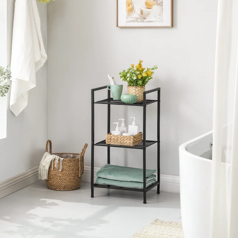 SONGMICS 3-Tier Storage Rack Bathroom Shelf Extendable Plant Steel Stand with Adjustable Shelf for Bathroom Living Room Balcony Kitchen Black