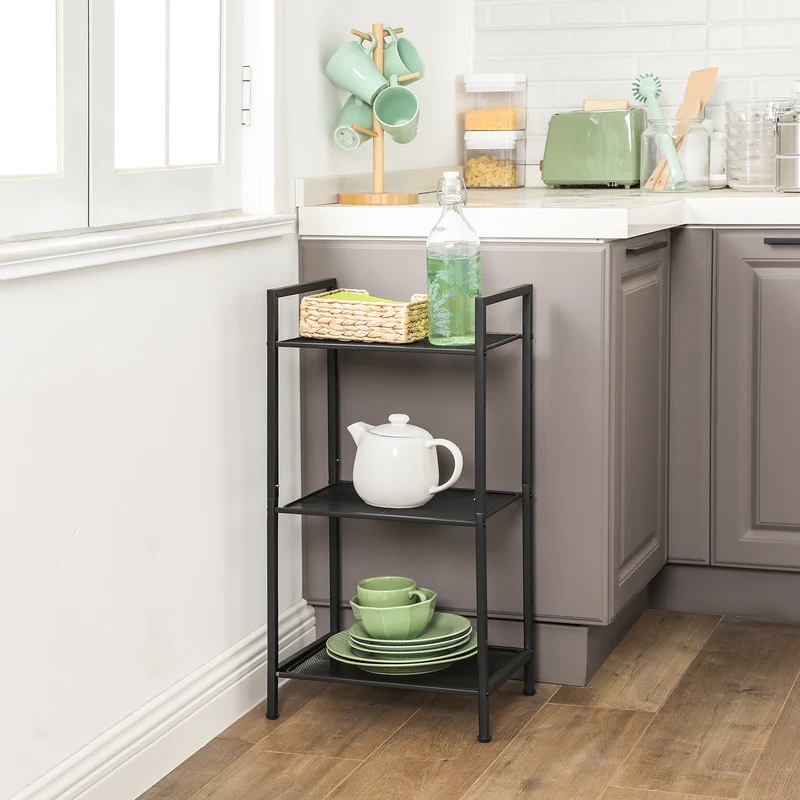 SONGMICS 3-Tier Storage Rack Bathroom Shelf Extendable Plant Steel Stand with Adjustable Shelf for Bathroom Living Room Balcony Kitchen Black