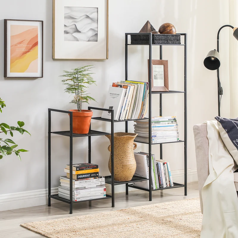 SONGMICS 3-Tier Storage Rack Bathroom Shelf Extendable Plant Steel Stand with Adjustable Shelf for Bathroom Living Room Balcony Kitchen Black