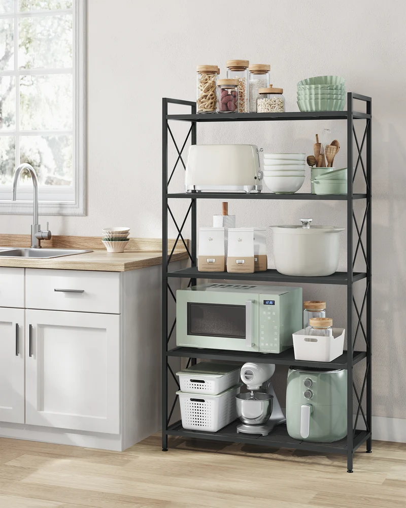 5-Tier Metal Storage Rack, Shelving Unit with X Side Frames, 12.6 x 31.5 x 57.3 Inches, for Kitchen, Living Room, Bathroom, Garage, Ink Black