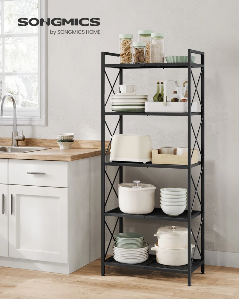 SONGMICS 5-Tier Storage Shelf Shelving Unit Heavy Duty Kitchen Storage Metal Garage Storage Organizer with X Side Frames Black