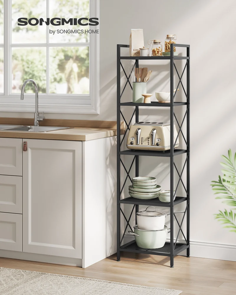 SONGMICS 5-Tier Metal Storage Rack, Shelving Unit with X Side Frames, Dense Mesh, 12.6 x 15.7 x 57.3 Inches, Ink Black