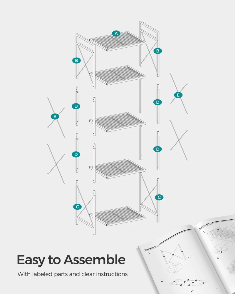SONGMICS 5-Tier Metal Storage Rack, Shelving Unit with X Side Frames, Dense Mesh, 12.6 x 15.7 x 57.3 Inches, Ink Black