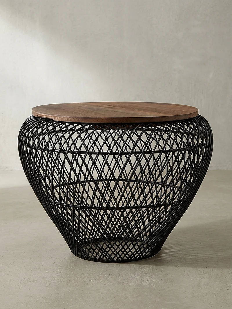 Couchtisch Rund mit Stauraum, Holz-Metallgestell, Mango-Massivholz