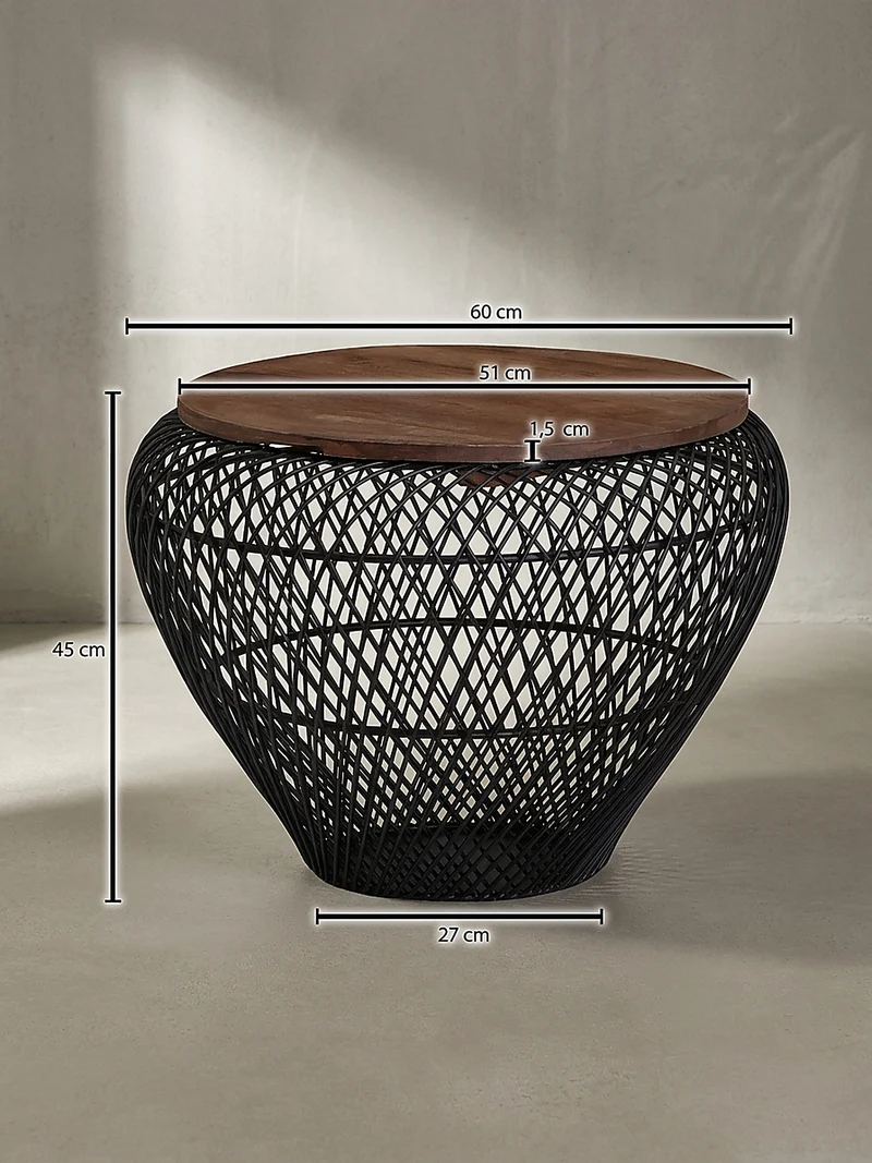 Couchtisch Rund mit Stauraum, Holz-Metallgestell, Mango-Massivholz