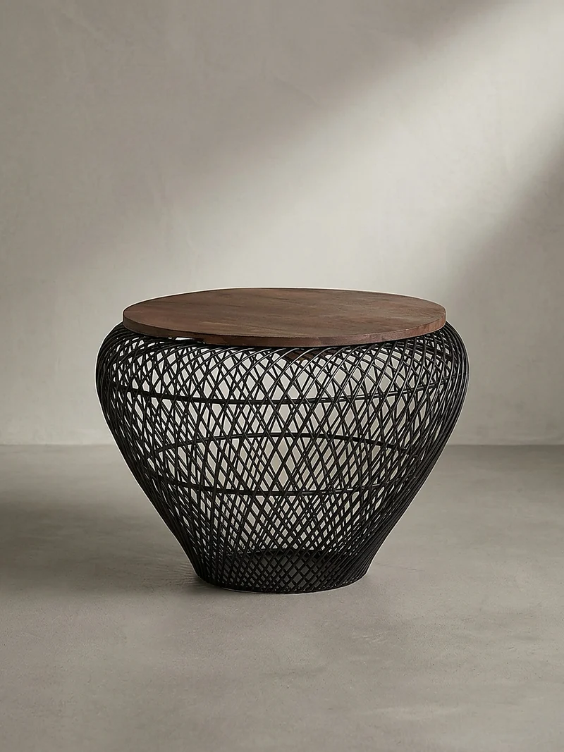 Couchtisch Rund mit Stauraum, Holz-Metallgestell, Mango-Massivholz