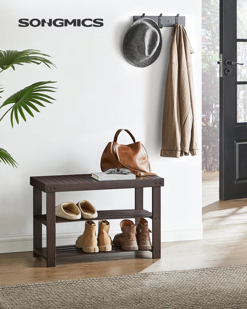 Shoe Rack Bench, 3-Tier Bamboo Shoe Storage Organizer, Entryway Bench Brown