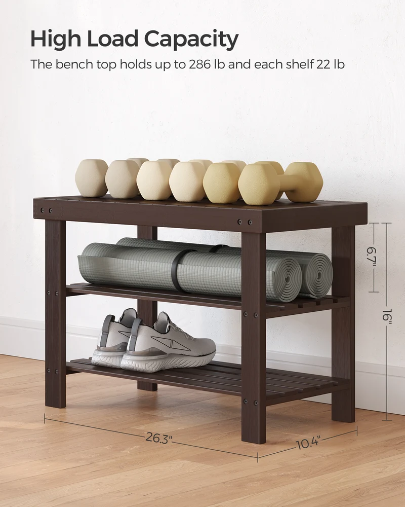 Shoe Rack Bench, 3-Tier Bamboo Shoe Storage Organizer, Entryway Bench Brown