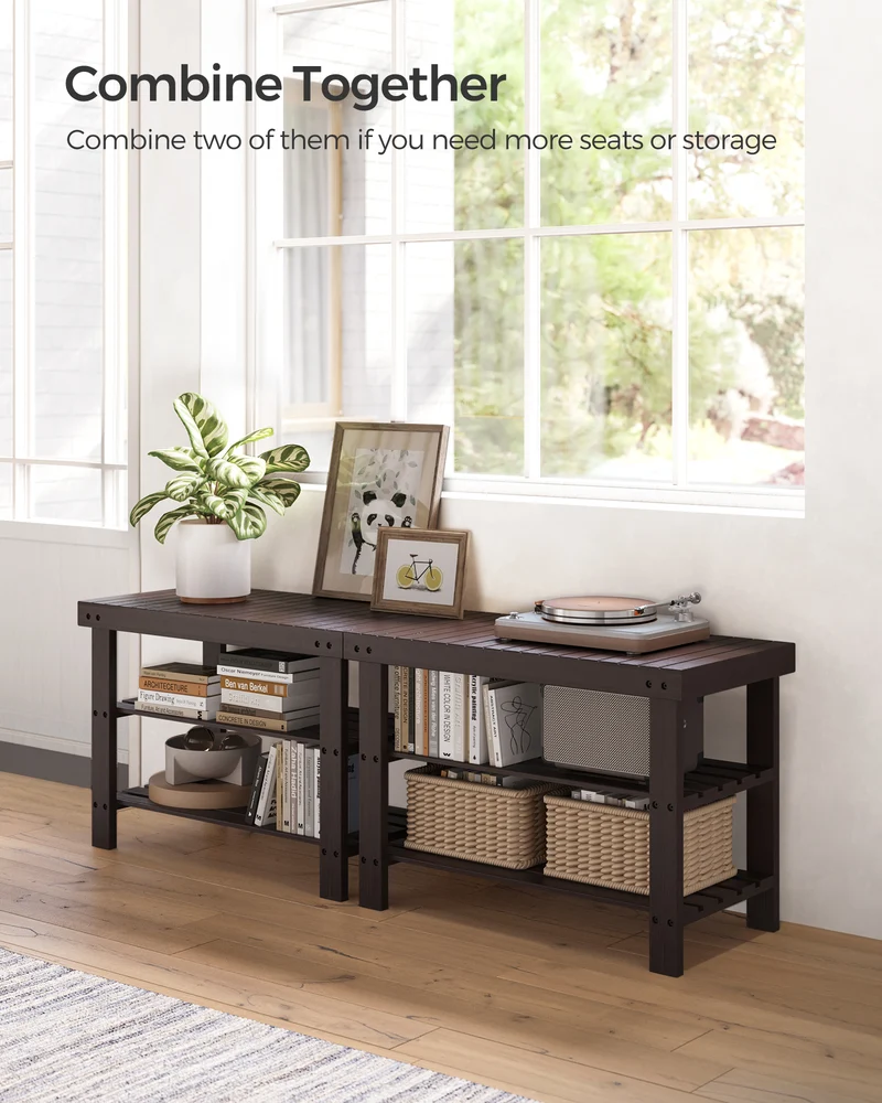 Shoe Rack Bench, 3-Tier Bamboo Shoe Storage Organizer, Entryway Bench Brown