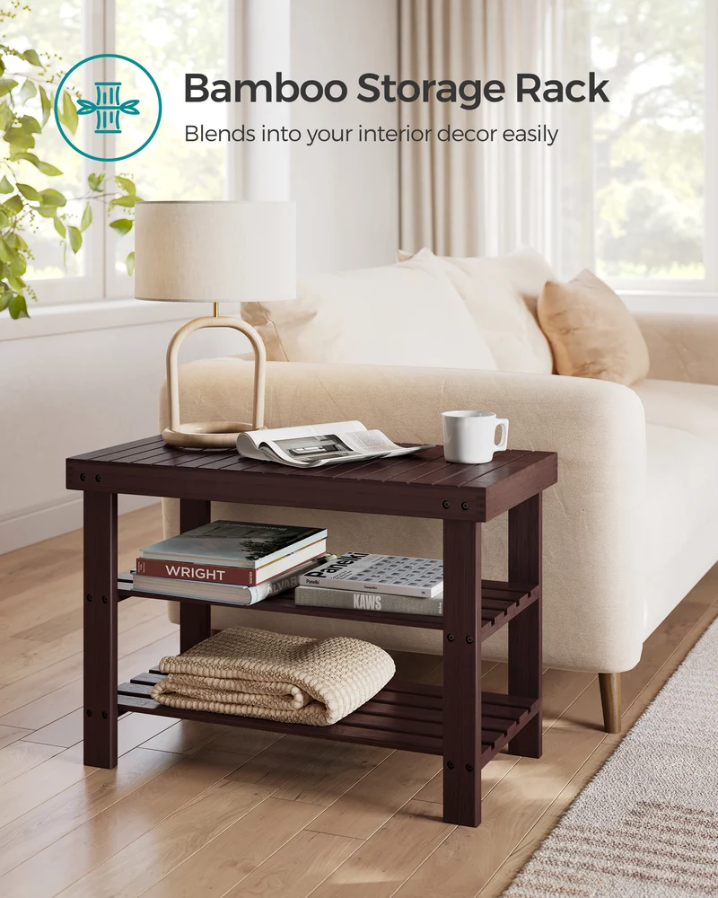 Shoe Rack Bench, 3-Tier Bamboo Shoe Storage Organizer, Entryway Bench Brown