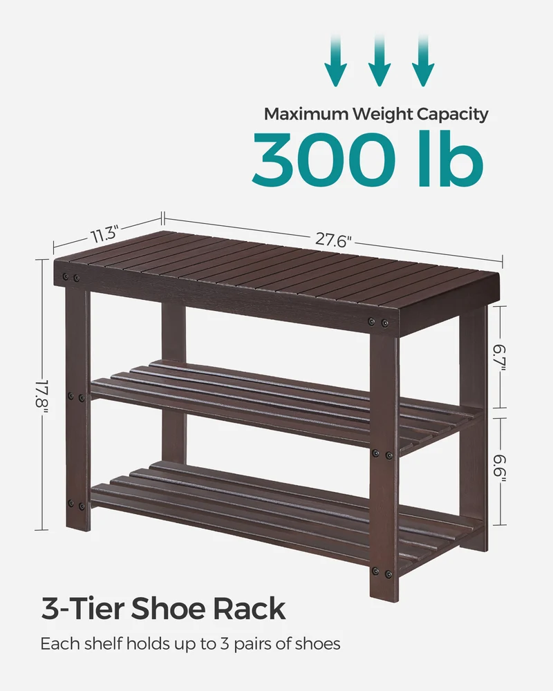 Shoe Rack Bench, 3-Tier Bamboo Shoe Storage Organizer, Entryway Bench Brown