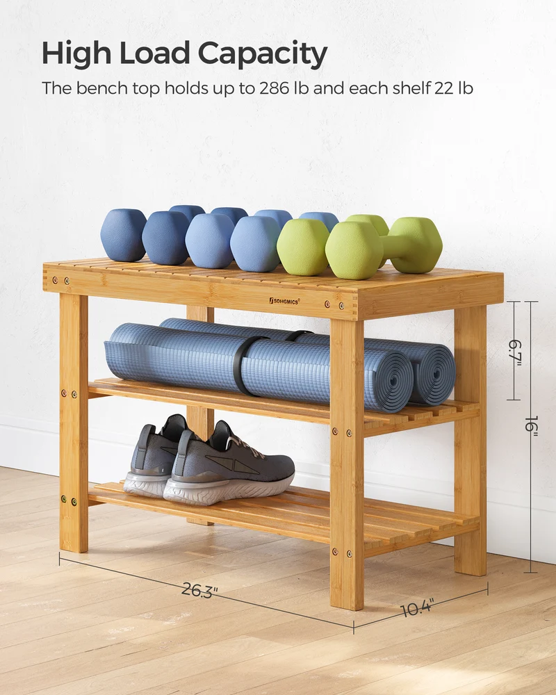 SONGMICS Shoe Rack Bench 3-Tier Bamboo Shoe Organizer for Entryway,Natural