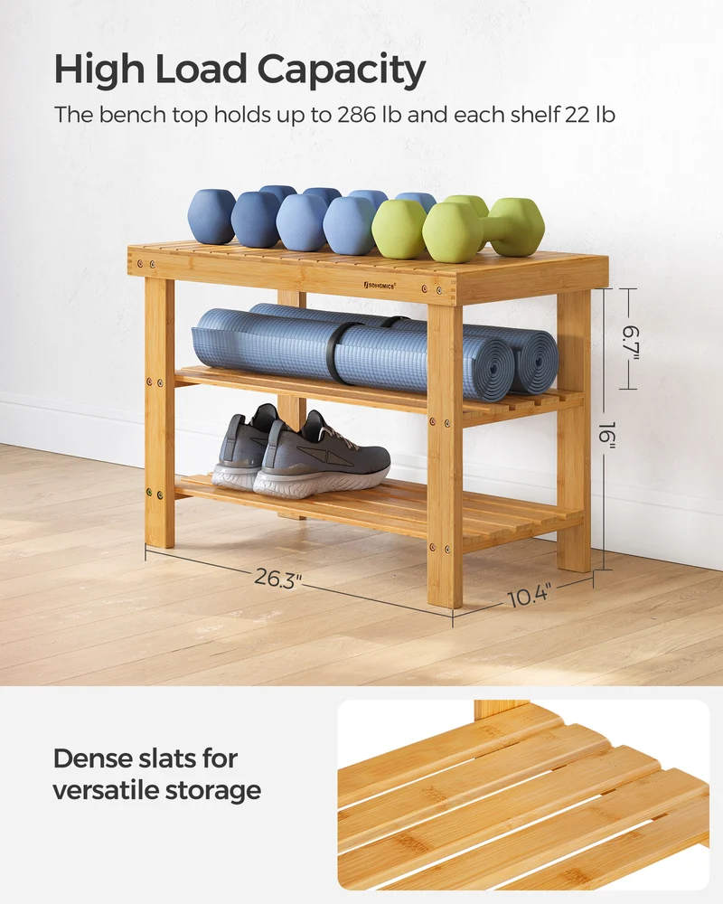 SONGMICS Shoe Rack Bench 3-Tier Bamboo Shoe Organizer for Entryway,Natural