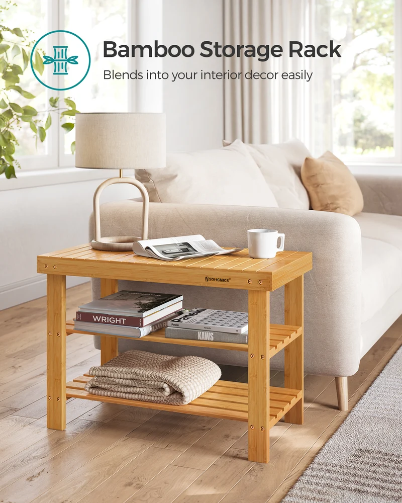 SONGMICS Shoe Rack Bench 3-Tier Bamboo Shoe Organizer for Entryway,Natural