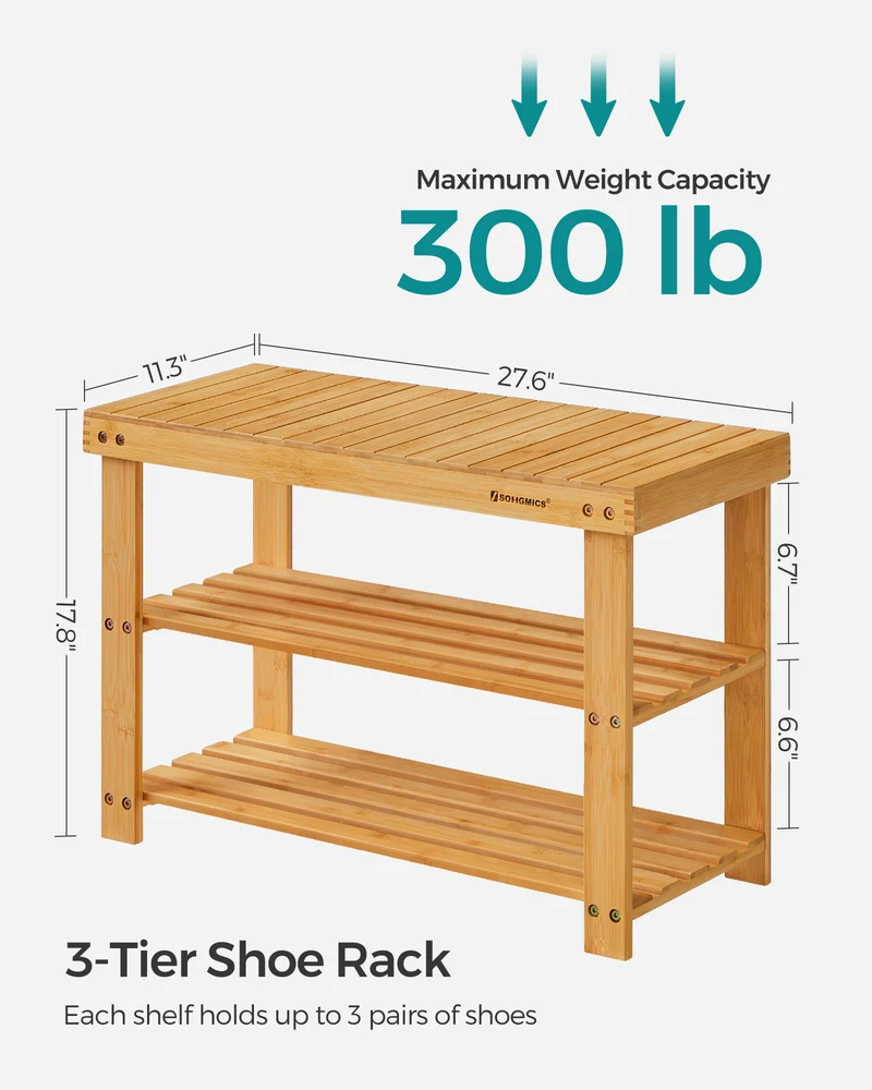 SONGMICS Shoe Rack Bench 3-Tier Bamboo Shoe Organizer for Entryway,Natural