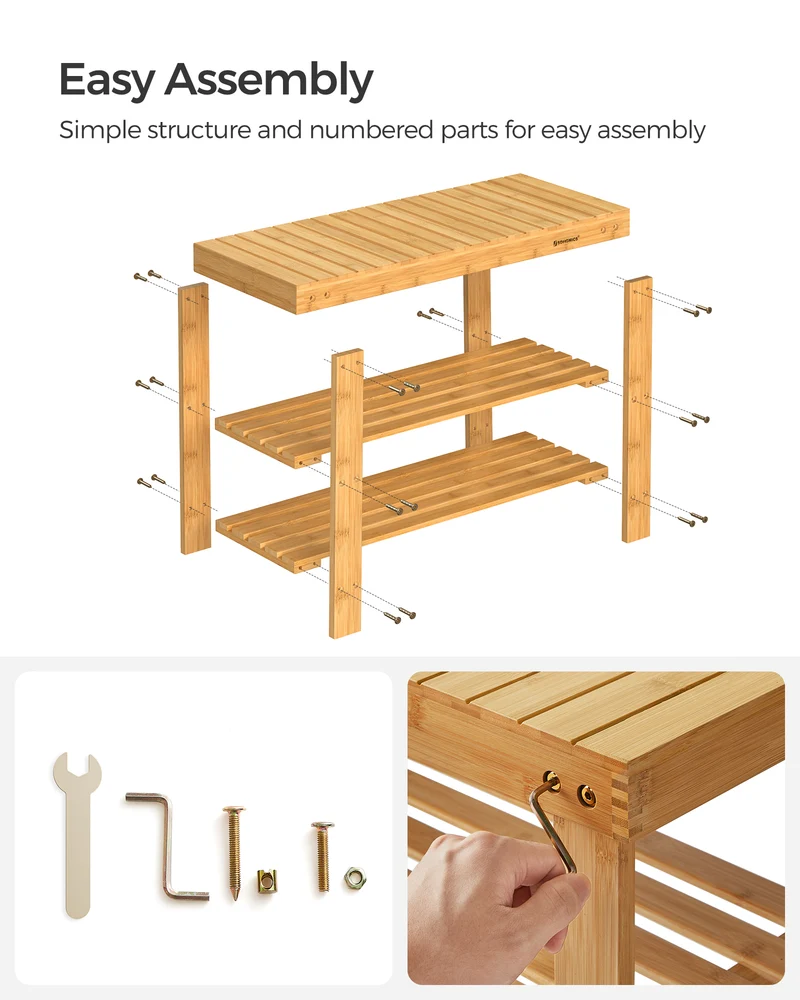 SONGMICS Shoe Rack Bench 3-Tier Bamboo Shoe Organizer for Entryway,Natural