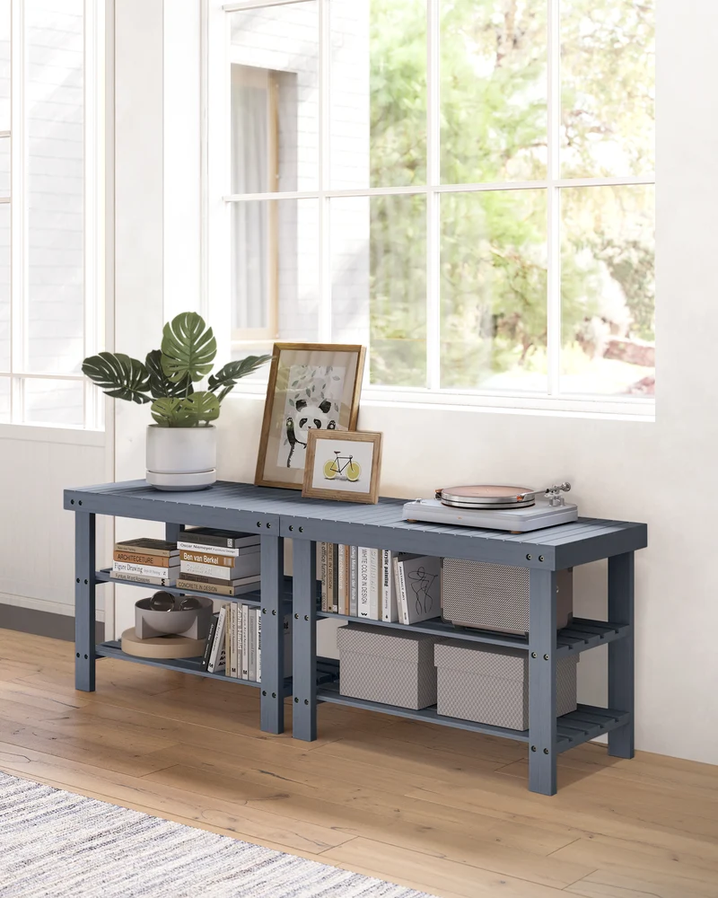 Shoe Rack Bench, 3-Tier Bamboo Shoe Storage Organizer, Entryway Bench Haze Blue