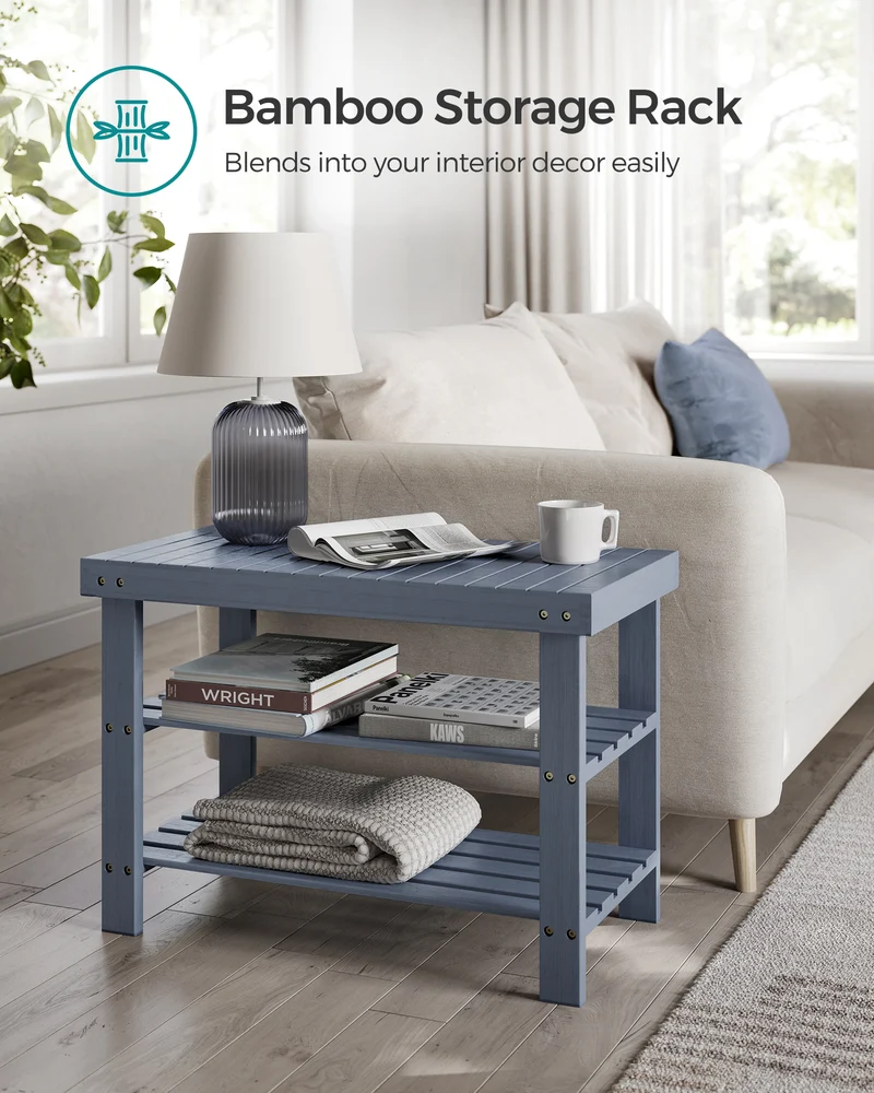Shoe Rack Bench, 3-Tier Bamboo Shoe Storage Organizer, Entryway Bench Haze Blue