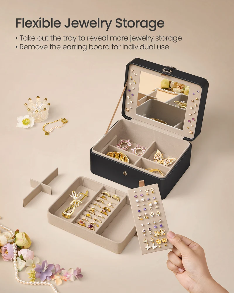 Ink Black Jewelry Box with Mirror - 2 - Layer Organizer, Travel Case. Removable Tray, 6.9 x 8.7 x 4.3 Inches, Ideal for Earring & Necklace Storage