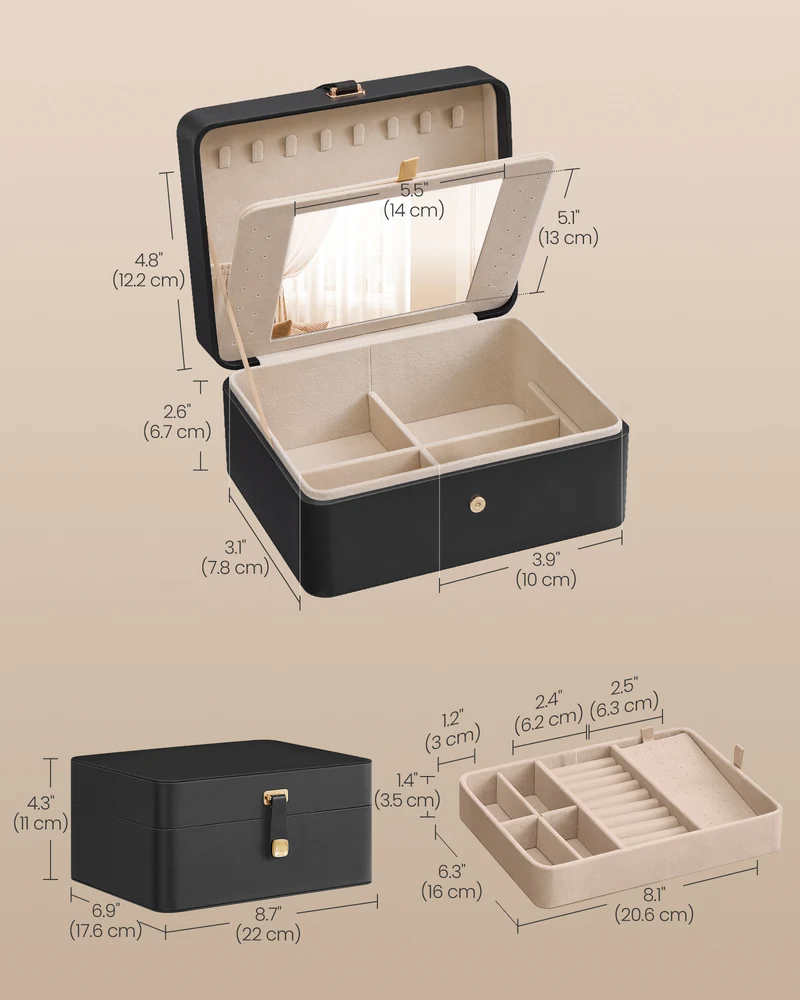 Ink Black Jewelry Box with Mirror - 2 - Layer Organizer, Travel Case. Removable Tray, 6.9 x 8.7 x 4.3 Inches, Ideal for Earring & Necklace Storage