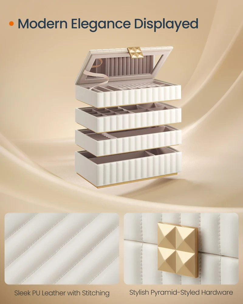 SONGMICS HOME ANAH Collection - Stackable Jewelry Box with Mirror, 4-Tier Jewelry Storage Organizer, PU Surface with Stitching, Cloud White