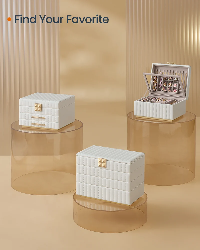 SONGMICS HOME ANAH Collection - Stackable Jewelry Box with Mirror, 4-Tier Jewelry Storage Organizer, PU Surface with Stitching, Cloud White