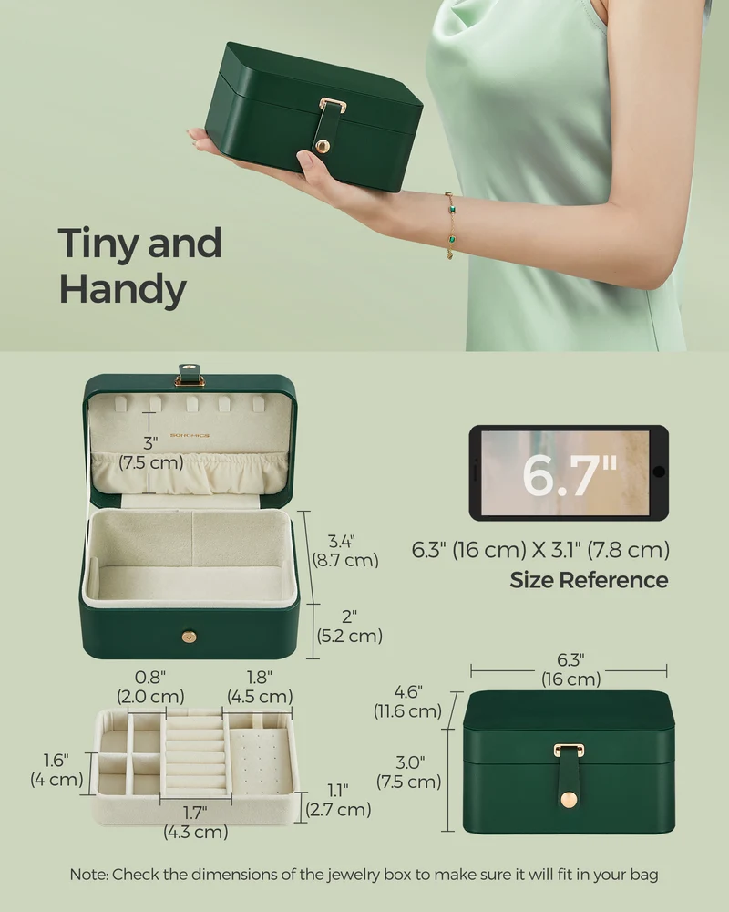 Jewelry Box, Travel Jewelry Case, 2-Layer Jewelry Holder Organizer, 4.3 x 6.3 x 3.1 Inches, Portable, Versatile Earring Storage Forest Green