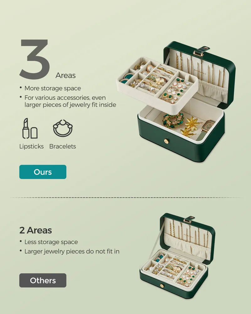 Jewelry Box, Travel Jewelry Case, 2-Layer Jewelry Holder Organizer, 4.3 x 6.3 x 3.1 Inches, Portable, Versatile Earring Storage Forest Green