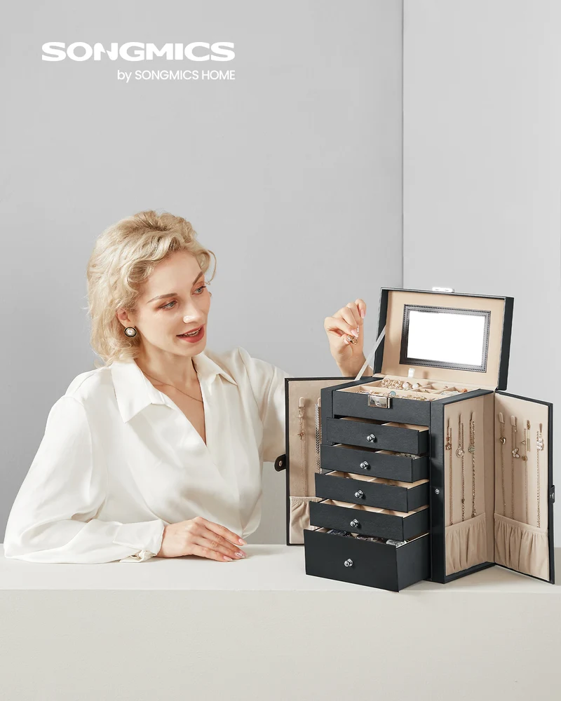 Large Accessory Organizer 6-Tier Black Mirror Jewelry Box