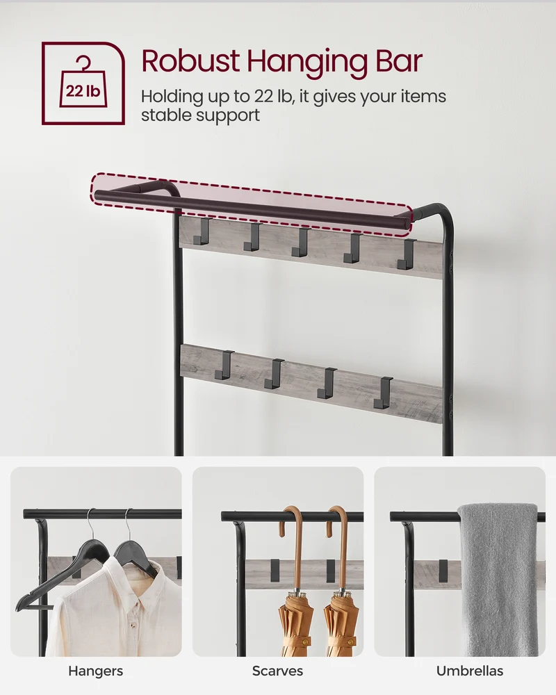 Coat Rack, Hall Tree with Shoe Bench for Entryway, Entryway Bench with Coat Rack, 4-in-1, with 9 Removable Hooks, a Hanging Rod