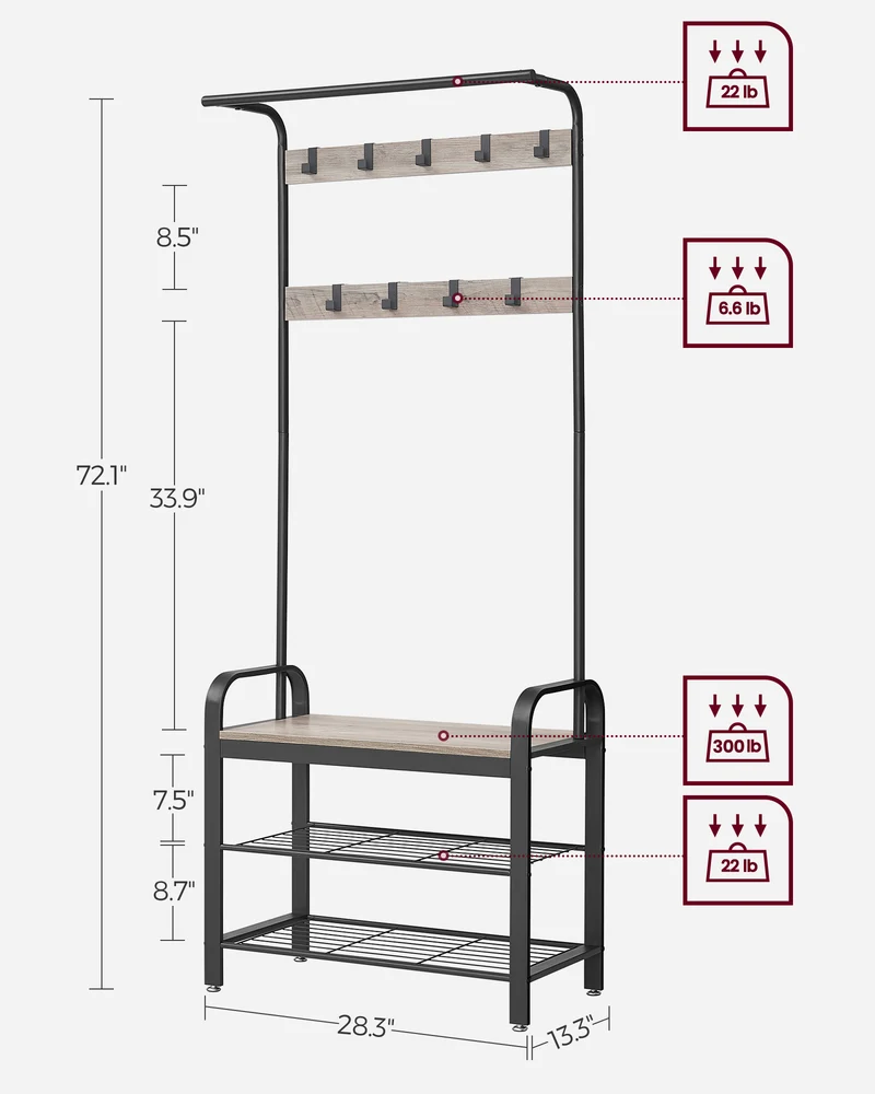 Coat Rack, Hall Tree with Shoe Bench for Entryway, Entryway Bench with Coat Rack, 4-in-1, with 9 Removable Hooks, a Hanging Rod