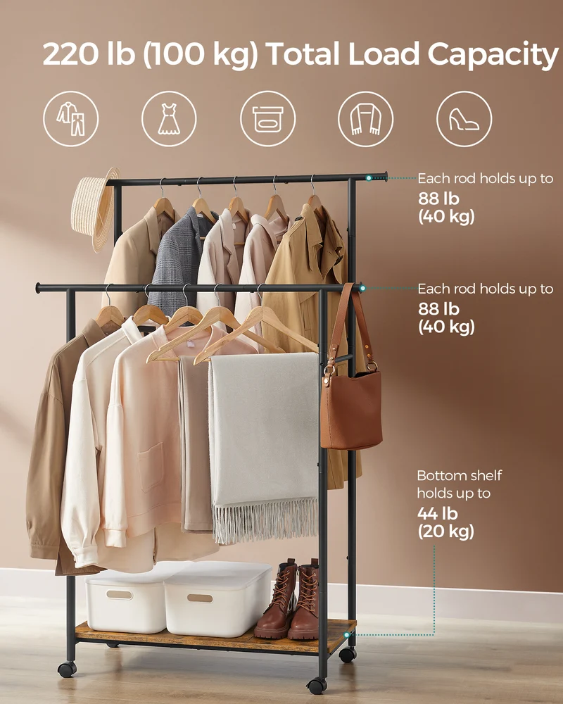 Garment Rack on Wheels, 38.8 Inch Double-Rod Rack for Clothes Hanging, with Shelf in Rustic Brown and Ink Black