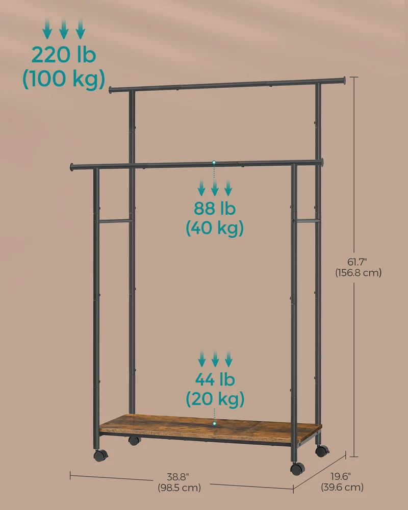 Garment Rack on Wheels, 38.8 Inch Double-Rod Rack for Clothes Hanging, with Shelf in Rustic Brown and Ink Black
