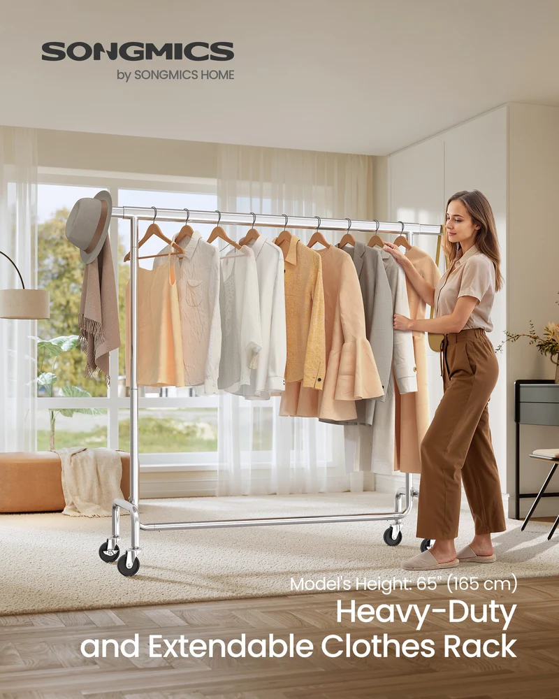 Extendable Hanging Rod Clothes Rack with Wheels Heavy-Duty Garment Rack Freestanding Clothes Rack for Hanging Clothes Chrome