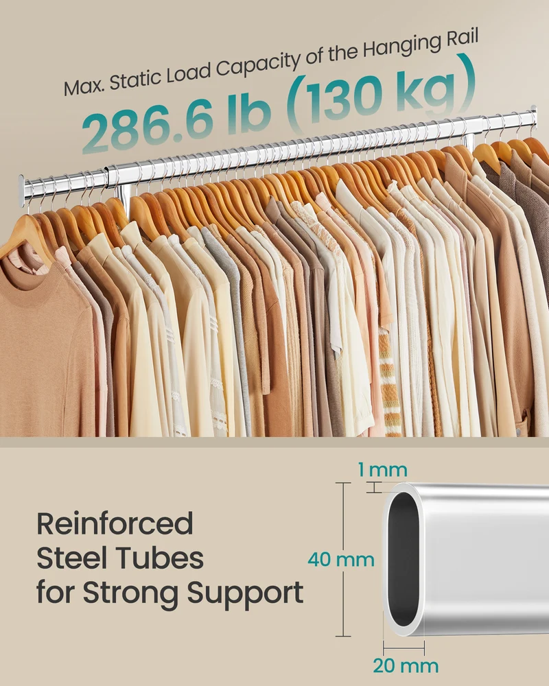Extendable Hanging Rod Clothes Rack with Wheels Heavy-Duty Garment Rack Freestanding Clothes Rack for Hanging Clothes Chrome
