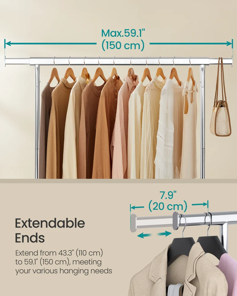 Extendable Hanging Rod Clothes Rack with Wheels Heavy-Duty Garment Rack Freestanding Clothes Rack for Hanging Clothes Chrome