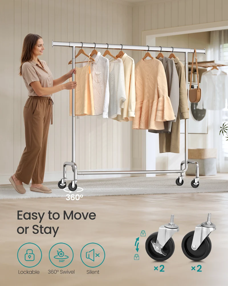 Extendable Hanging Rod Clothes Rack with Wheels Heavy-Duty Garment Rack Freestanding Clothes Rack for Hanging Clothes Chrome