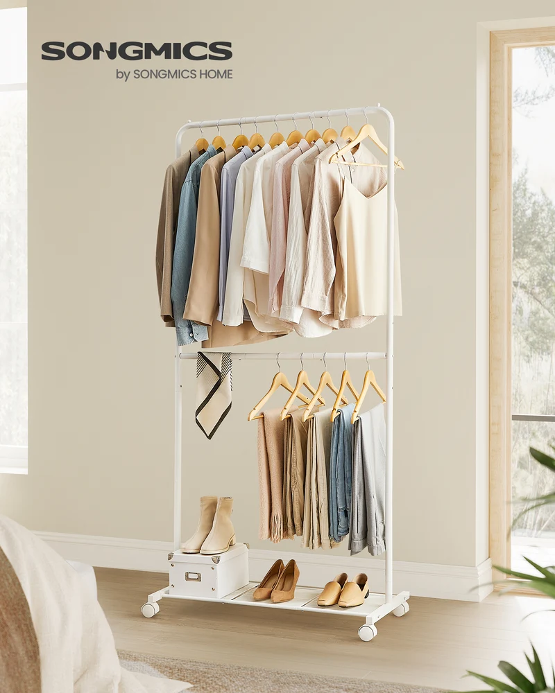 Double-Rod Clothes Rack 40.7 Inches Wide Clothing Rack for Hanging Clothes with Wheels, Garment Rack 220 lb Max. Total Load White