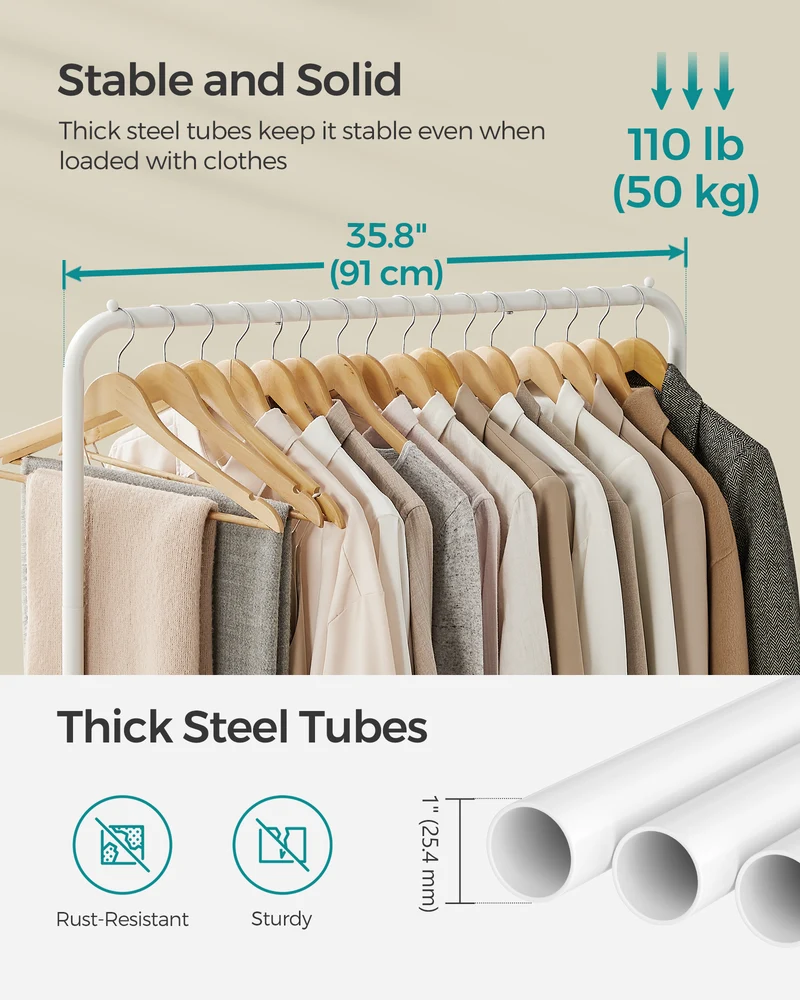 Double-Rod Clothes Rack 40.7 Inches Wide Clothing Rack for Hanging Clothes with Wheels, Garment Rack 220 lb Max. Total Load White