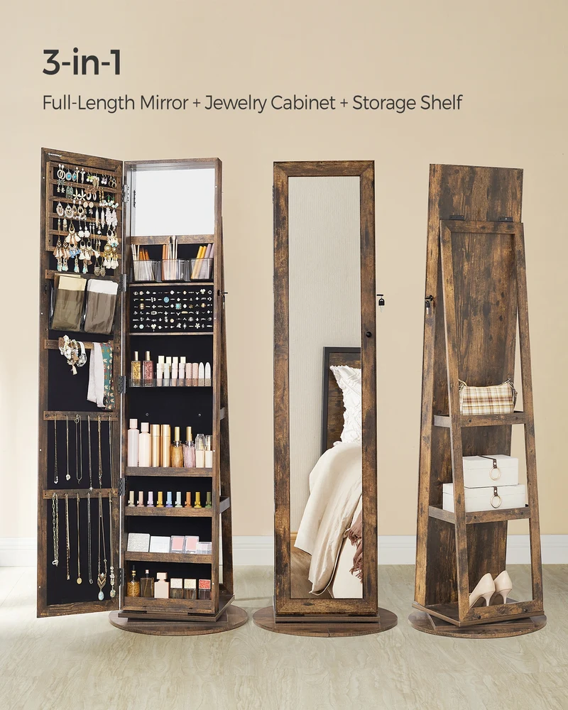 SONGMICS Mirror Jewelry Cabinet Organizer 360 Rotating Jewelry Armoire Storage Box w/ Full Length Mirror for Female Rustic Brown