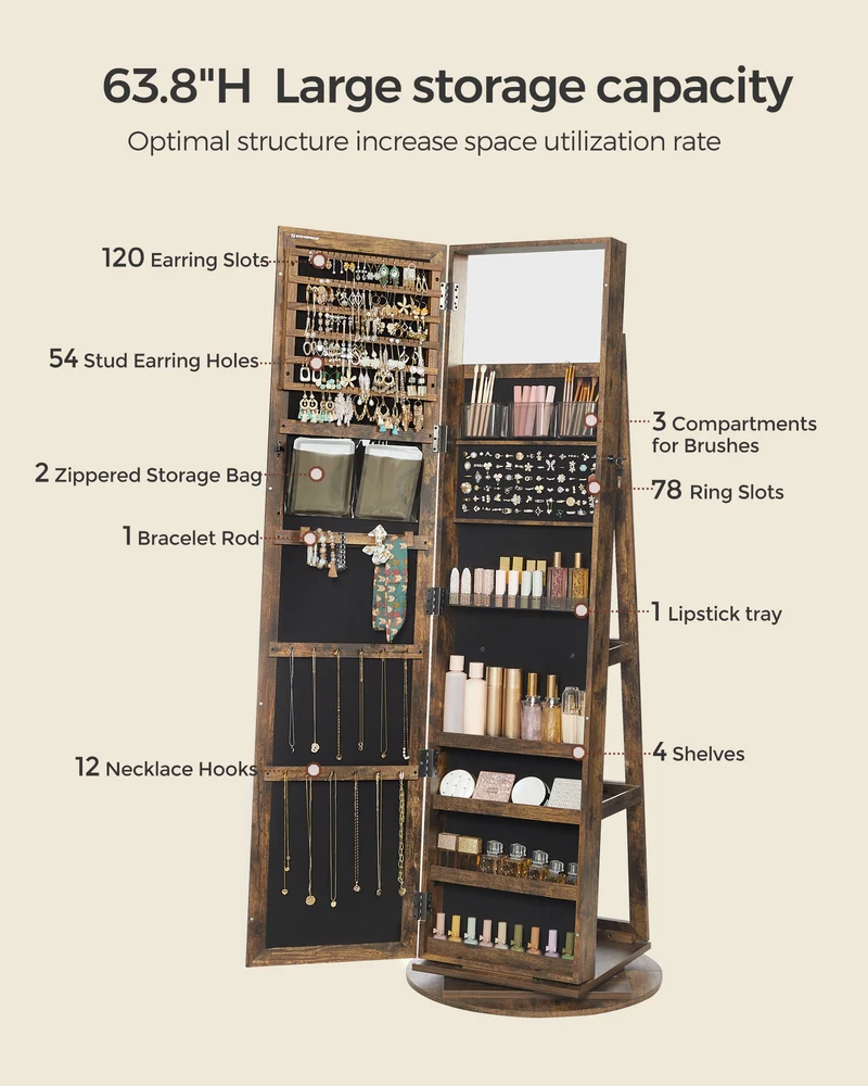 SONGMICS Mirror Jewelry Cabinet Organizer 360 Rotating Jewelry Armoire Storage Box w/ Full Length Mirror for Female Rustic Brown